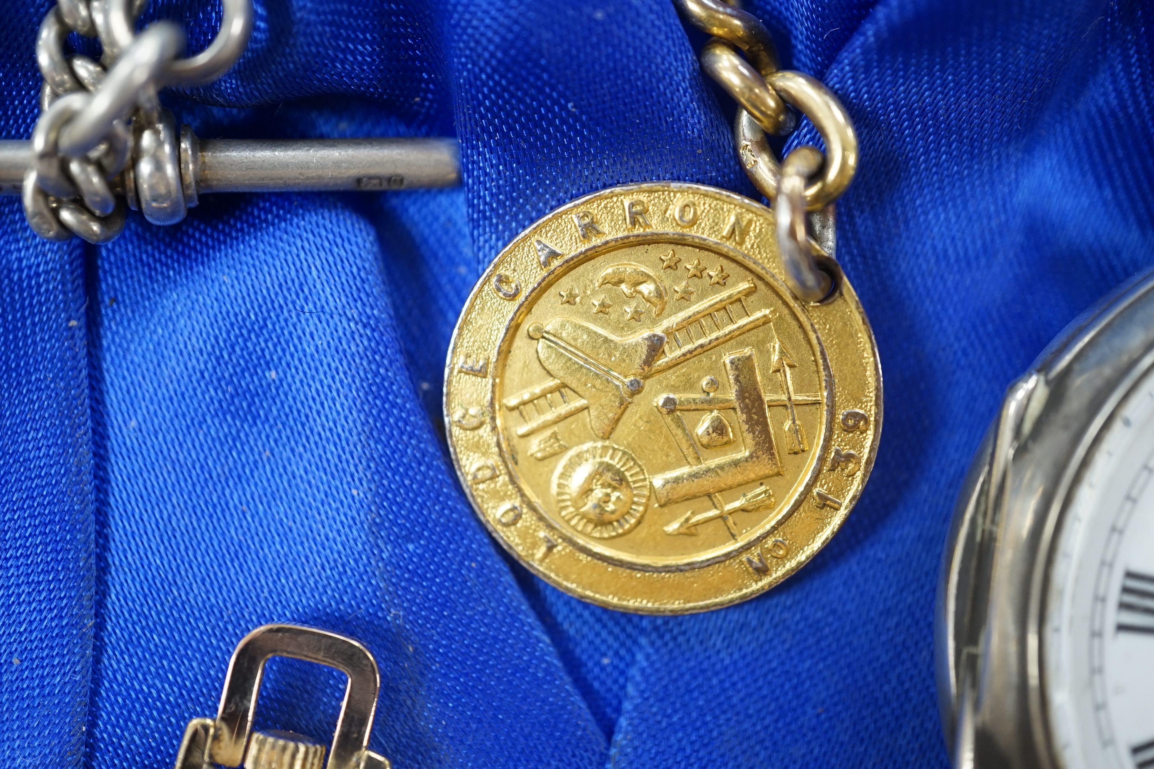 Two silver albert chains, including graduated link and silver gilt(worn), largest 40cm, together with eight assorted pocket or fob watches including silver, white metal and gold plated.